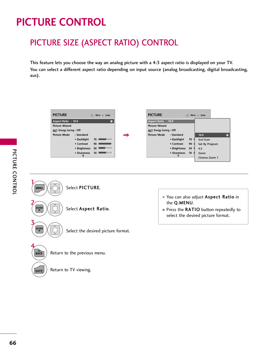 LG Electronics sac34134202 (1004-rev02) owner manual Picture Control, Picture Size Aspect Ratio Control 