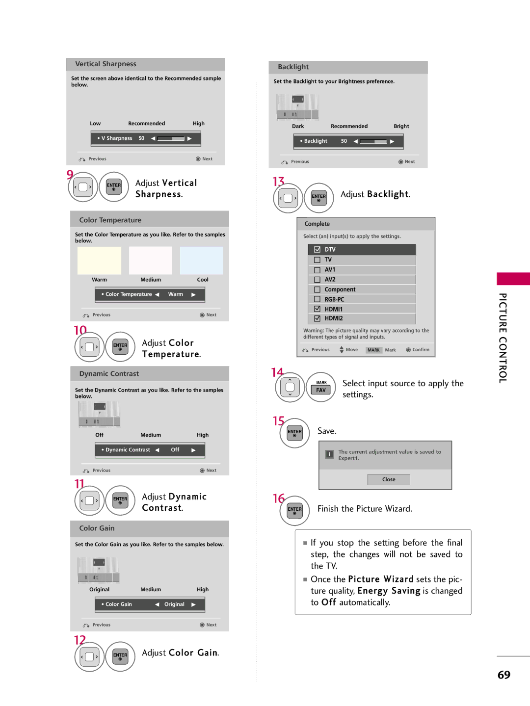 LG Electronics sac34134202 (1004-rev02) owner manual Picture Control, Save, Finish the Picture Wizard 