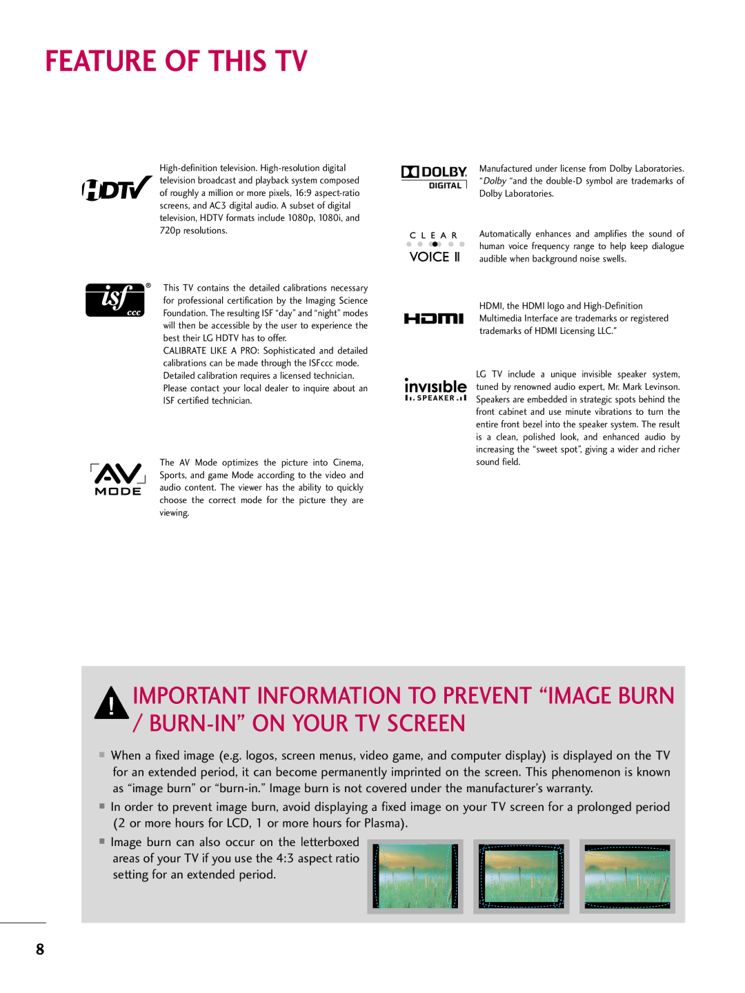 LG Electronics sac34134202 (1004-rev02) owner manual Feature of this TV, BURN-IN on Your TV Screen 