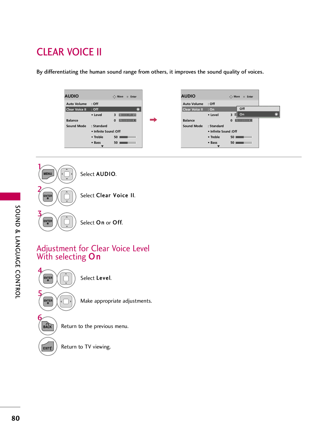 LG Electronics sac34134202 (1004-rev02) Adjustment for Clear Voice Level With selecting O n, Select Clear Voice 