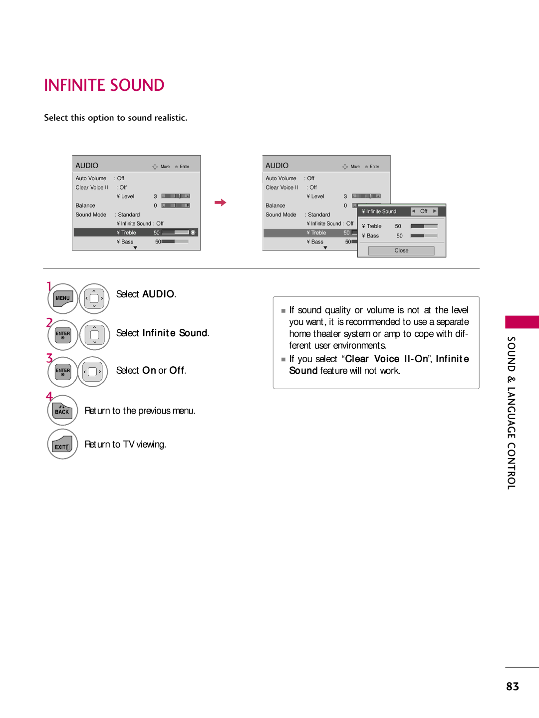 LG Electronics sac34134202 (1004-rev02) Infinite Sound, Select this option to sound realistic, Sound & Language 