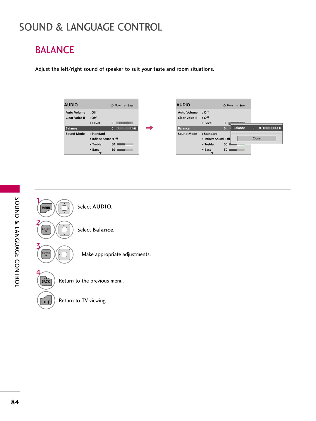 LG Electronics sac34134202 (1004-rev02) owner manual Balance, Sound & Language Control 