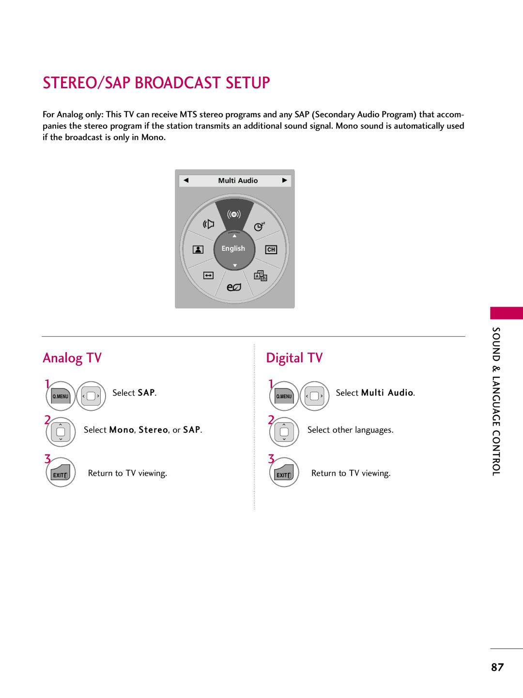 LG Electronics sac34134202 (1004-rev02) STEREO/SAP Broadcast Setup, Analog TV, Menu Select SAP Select Mono, Stereo, or SAP 