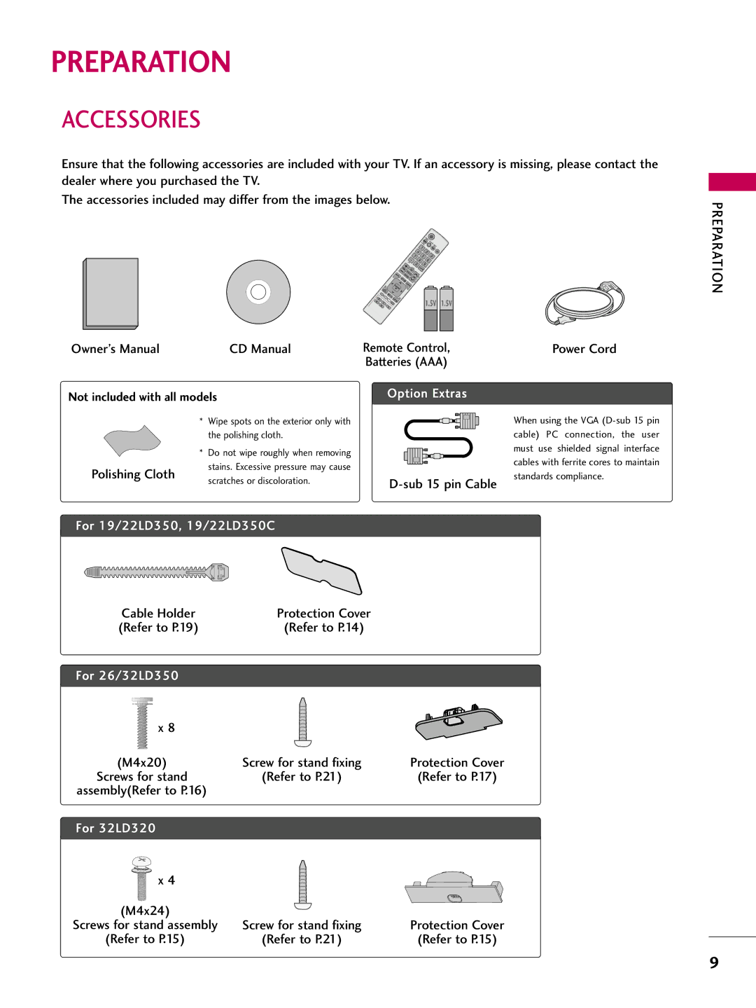 LG Electronics sac34134202 (1004-rev02) owner manual Preparation, Accessories 