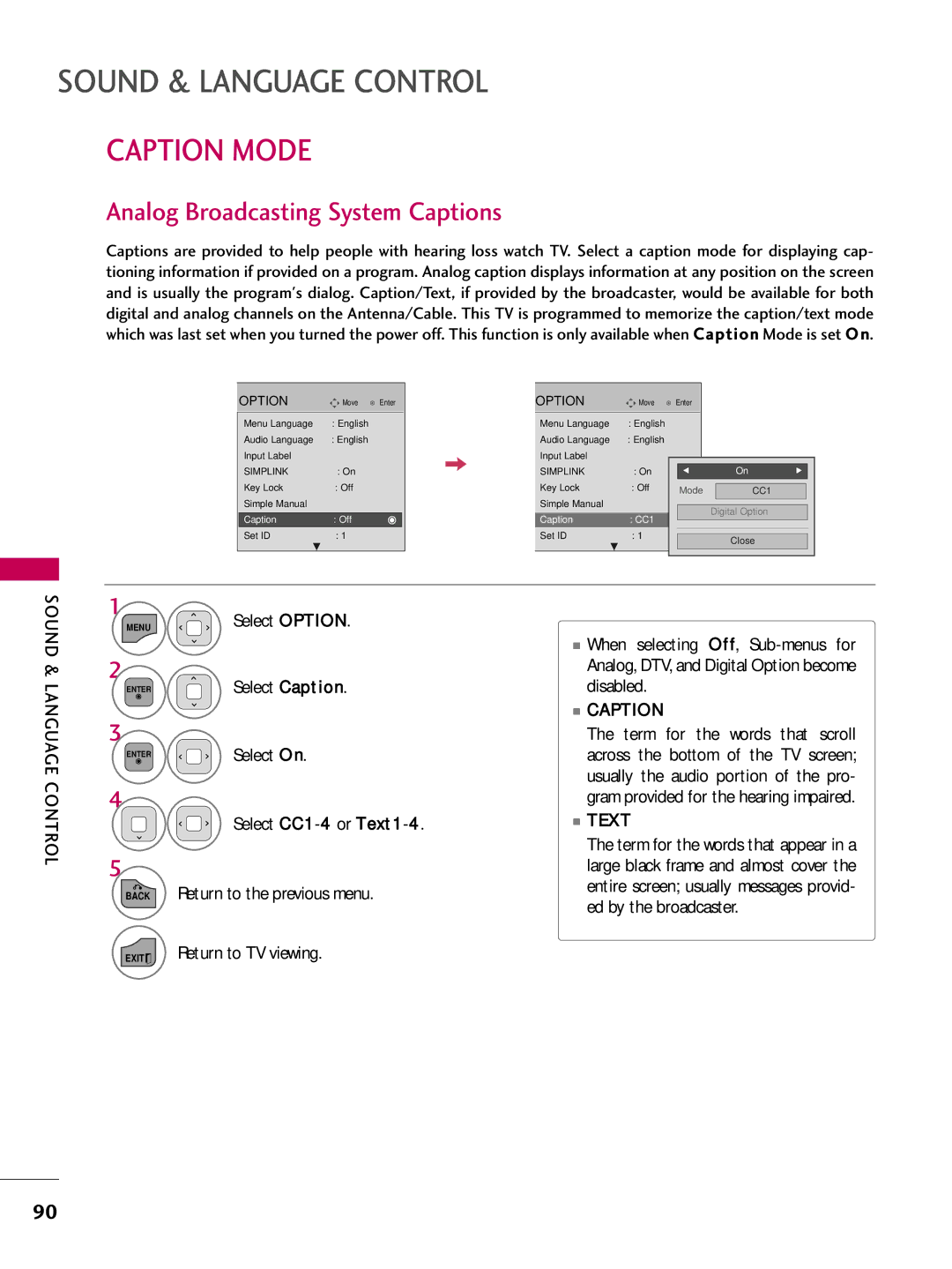 LG Electronics sac34134202 (1004-rev02) owner manual Caption Mode, Analog Broadcasting System Captions, Text 