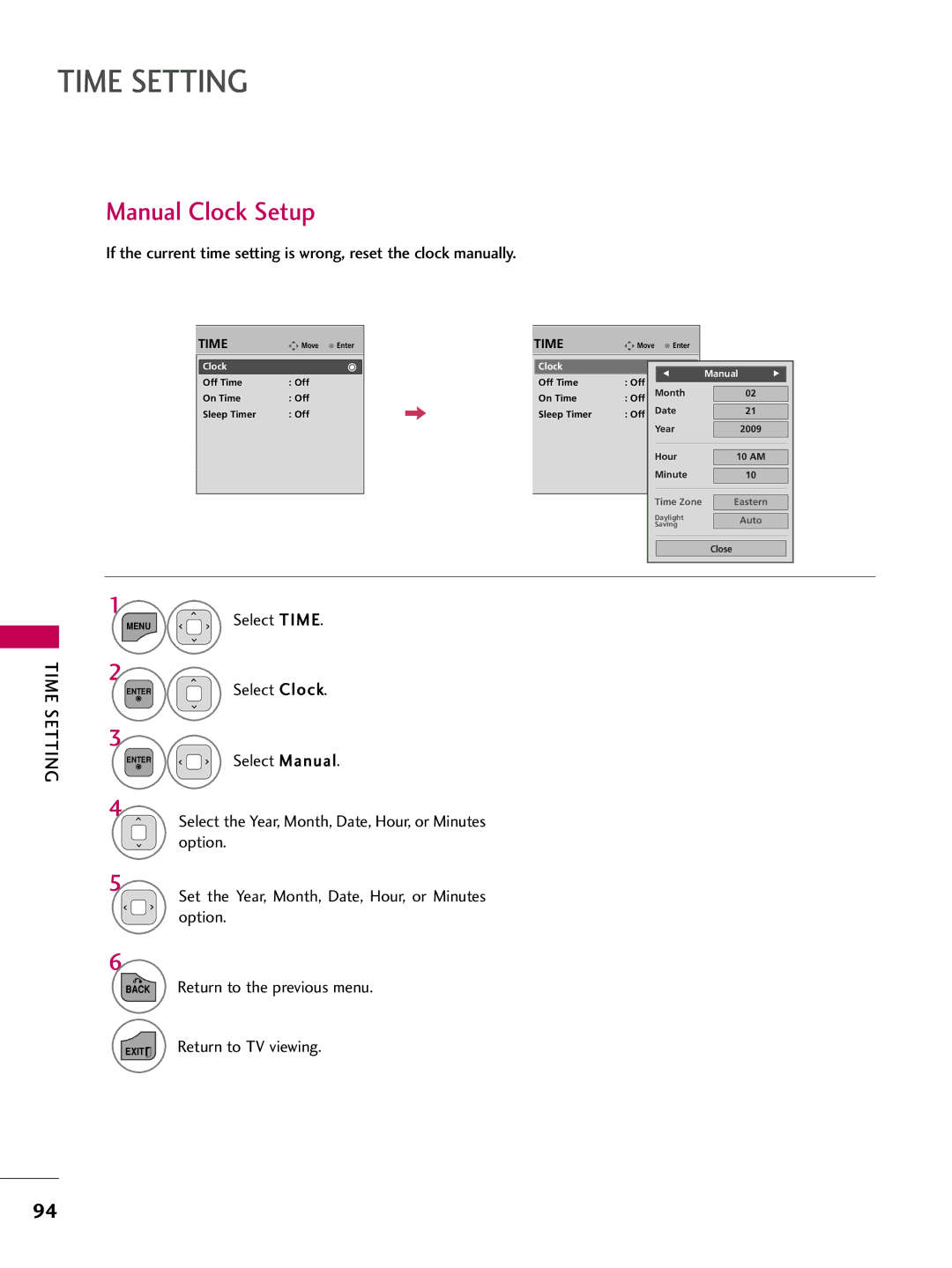 LG Electronics sac34134202 (1004-rev02) owner manual Time Setting, Manual Clock Setup 