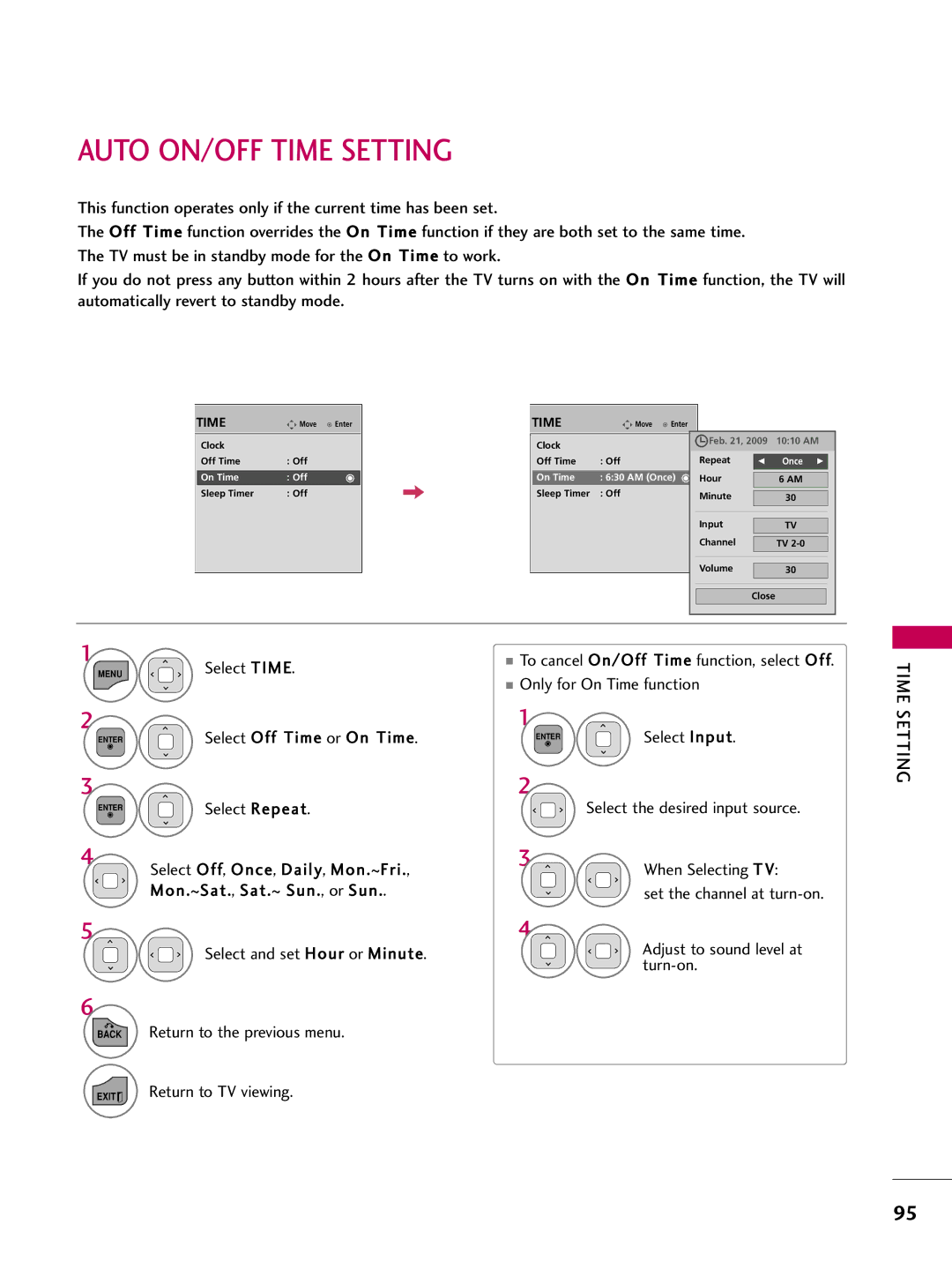 LG Electronics sac34134202 (1004-rev02) owner manual Auto ON/OFF Time Setting, Select and set Hour or Minute, Turn-on 