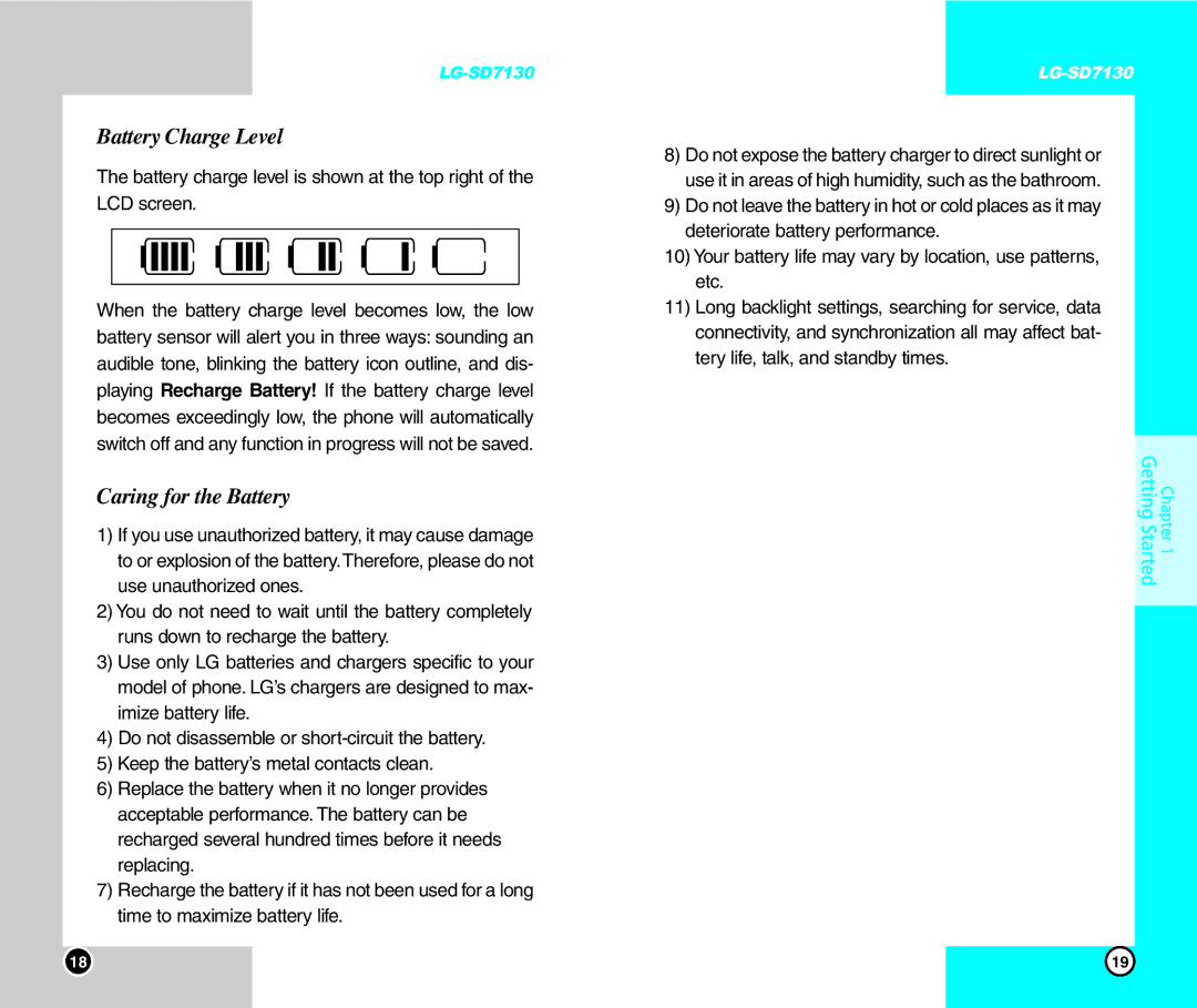 LG Electronics SD7130 user manual Battery Charge Level, Caring for the Battery 