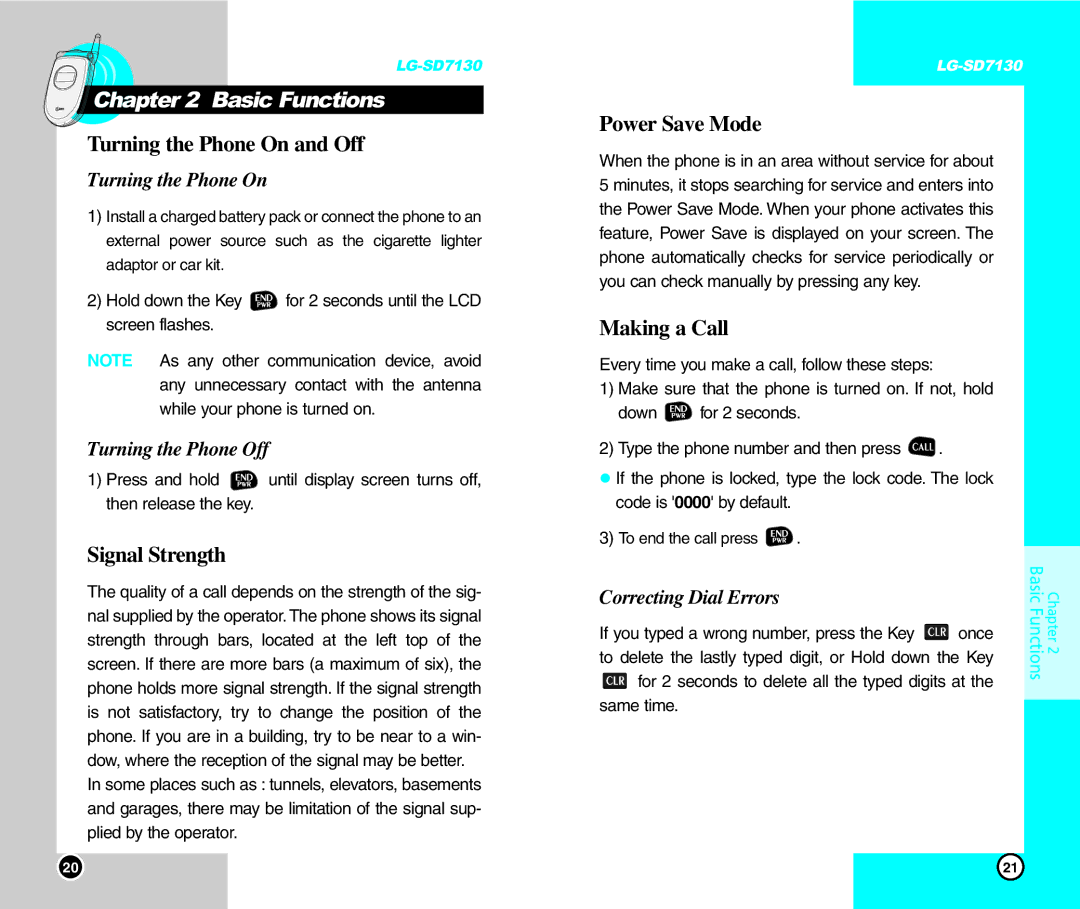 LG Electronics SD7130 Basic Functions, Turning the Phone On and Off, Signal Strength, Power Save Mode, Making a Call 