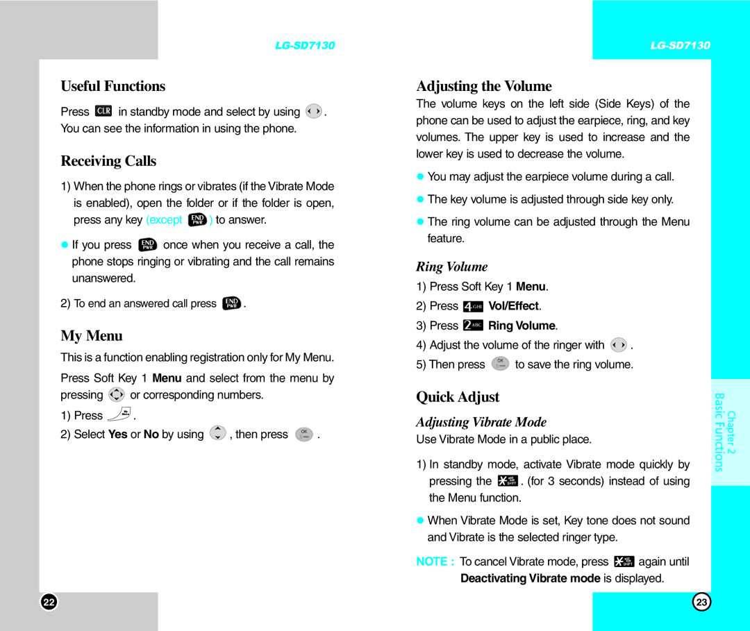LG Electronics SD7130 user manual Useful Functions, Receiving Calls, My Menu, Adjusting the Volume, Quick Adjust 