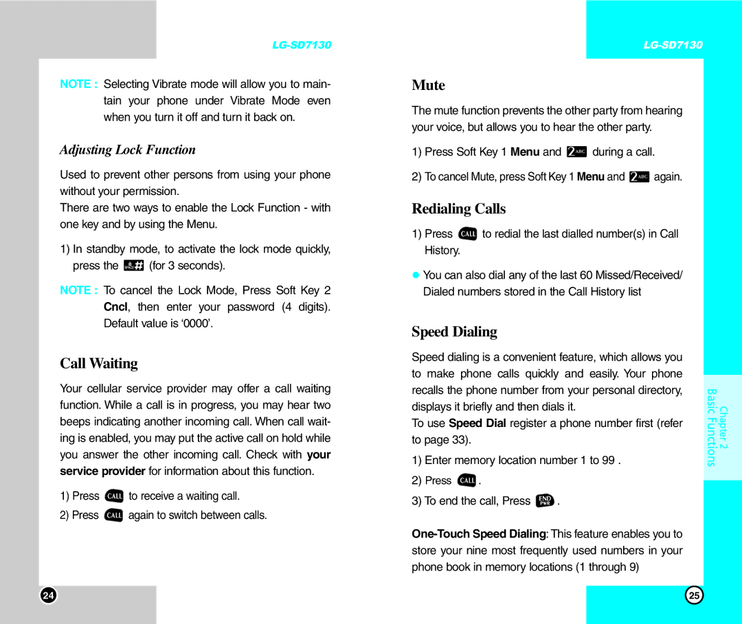 LG Electronics SD7130 user manual Call Waiting, Mute, Redialing Calls, Speed Dialing, Adjusting Lock Function 