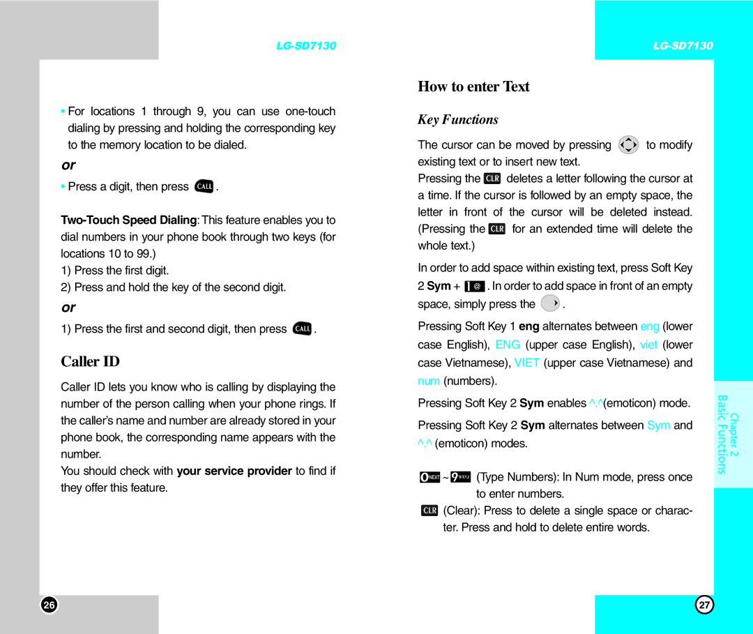 LG Electronics SD7130 user manual Caller ID, How to enter Text, Key Functions 