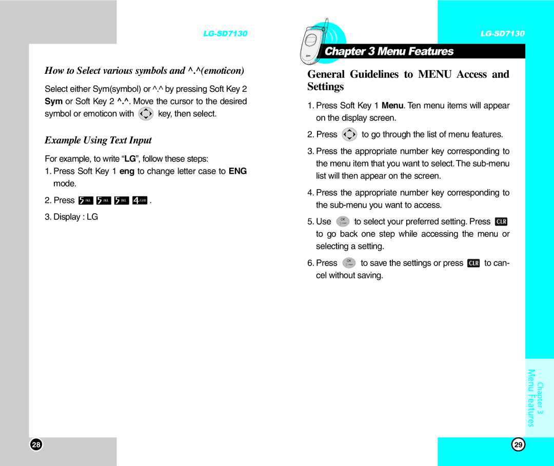 LG Electronics SD7130 user manual Menu Features, General Guidelines to Menu Access and Settings, Example Using Text Input 