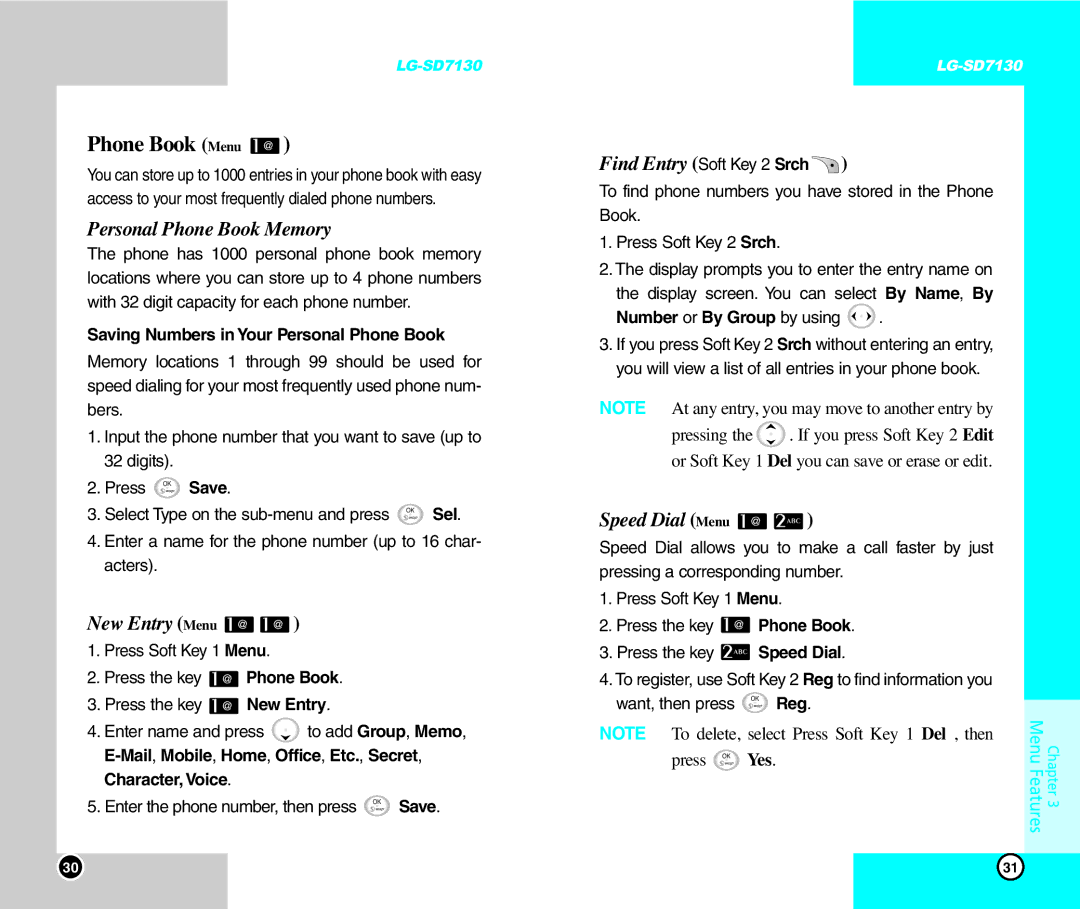 LG Electronics SD7130 user manual Phone Book Menu, Personal Phone Book Memory, New Entry Menu, Find Entry Soft Key 2 Srch 