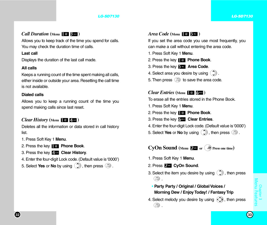 LG Electronics SD7130 user manual Call Duration Menu, Clear History Menu, Area Code Menu, Clear Entries Menu 