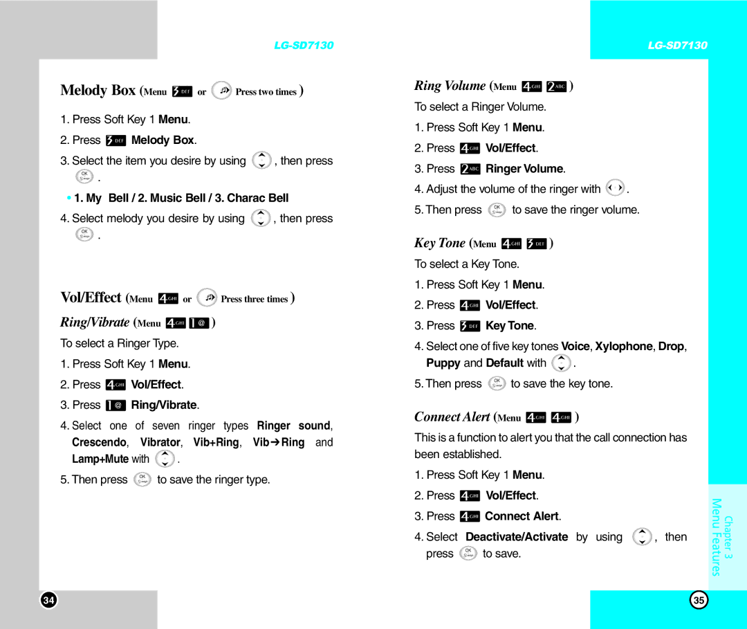 LG Electronics SD7130 user manual Ring/Vibrate Menu, Ring Volume Menu, Key Tone Menu, Connect Alert Menu 