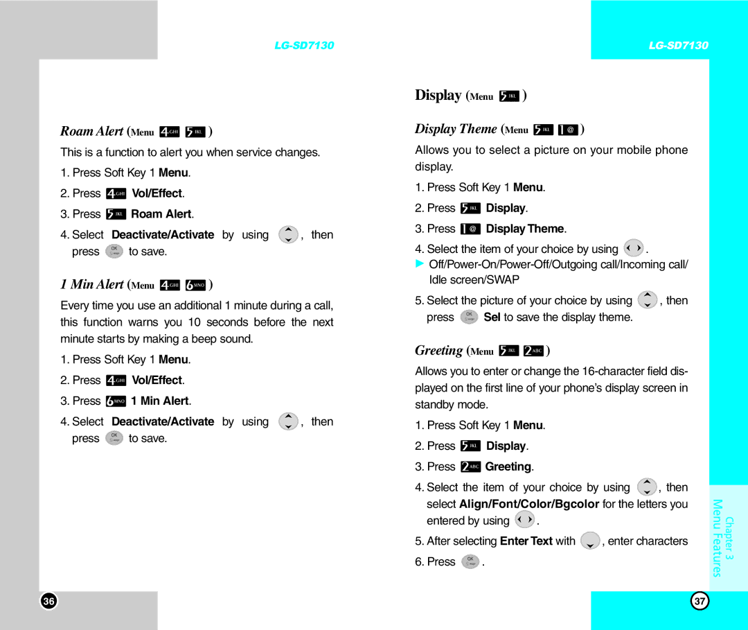 LG Electronics SD7130 user manual Display Menu, Roam Alert Menu, Min Alert Menu, Display Theme Menu, Greeting Menu 