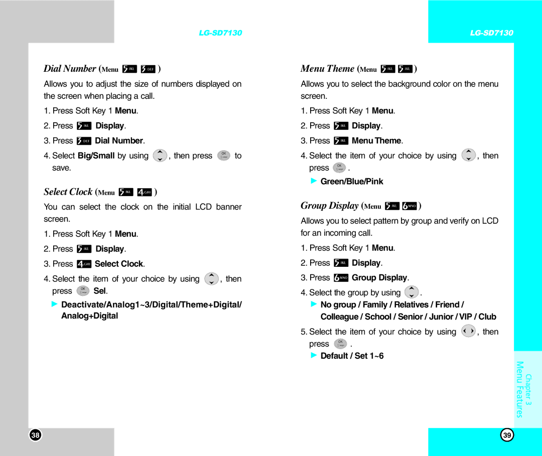 LG Electronics SD7130 user manual Dial Number Menu, Select Clock Menu, Menu Theme Menu, Group Display Menu 