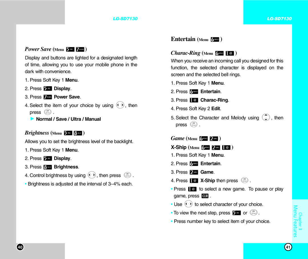 LG Electronics SD7130 user manual Entertain Menu, Power Save Menu, Brightness Menu, Charac-Ring Menu, Game Menu 