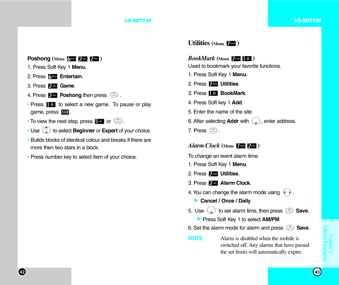 LG Electronics SD7130 user manual Utilities Menu, BookMark Menu, Alarm Clock Menu 