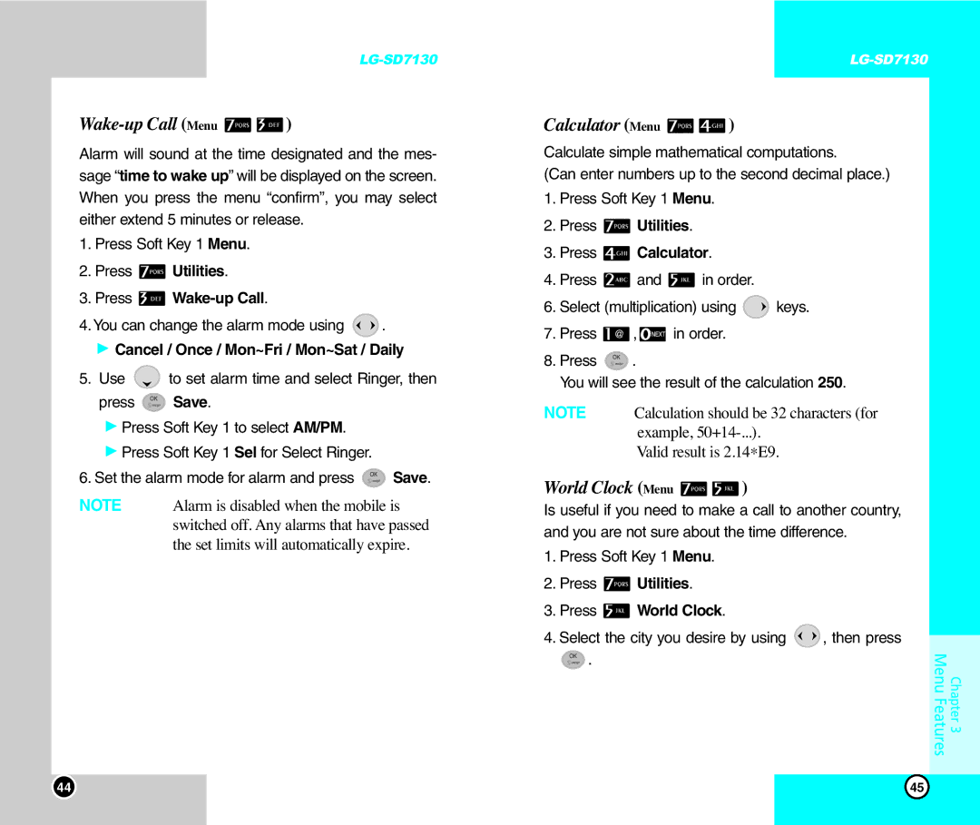 LG Electronics SD7130 user manual Wake-up Call Menu, Calculator Menu, World Clock Menu 