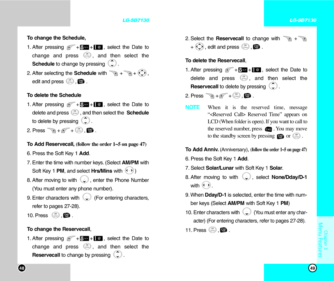 LG Electronics SD7130 To change the Schedule, To delete the Schedule, To change the Reservecall, To delete the Reservecall 