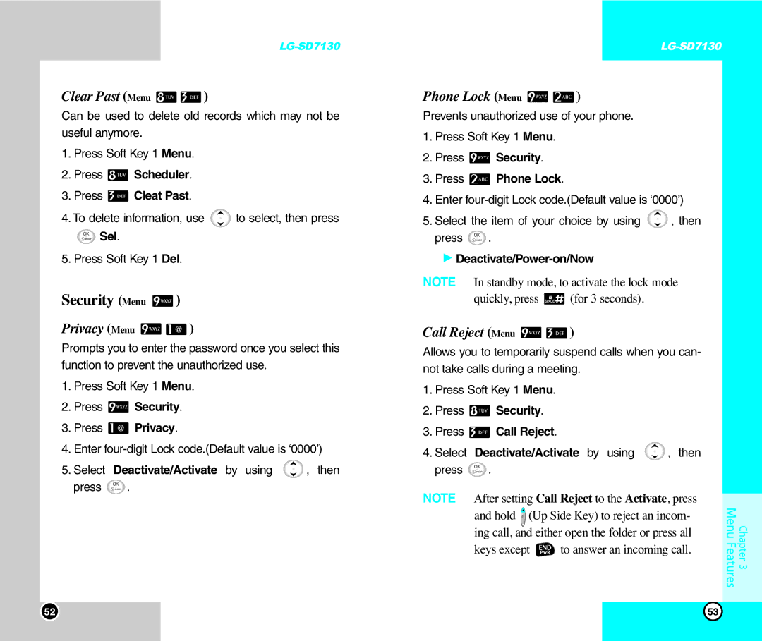 LG Electronics SD7130 user manual Security Menu, Clear Past Menu, Privacy Menu, Phone Lock Menu, Call Reject Menu 