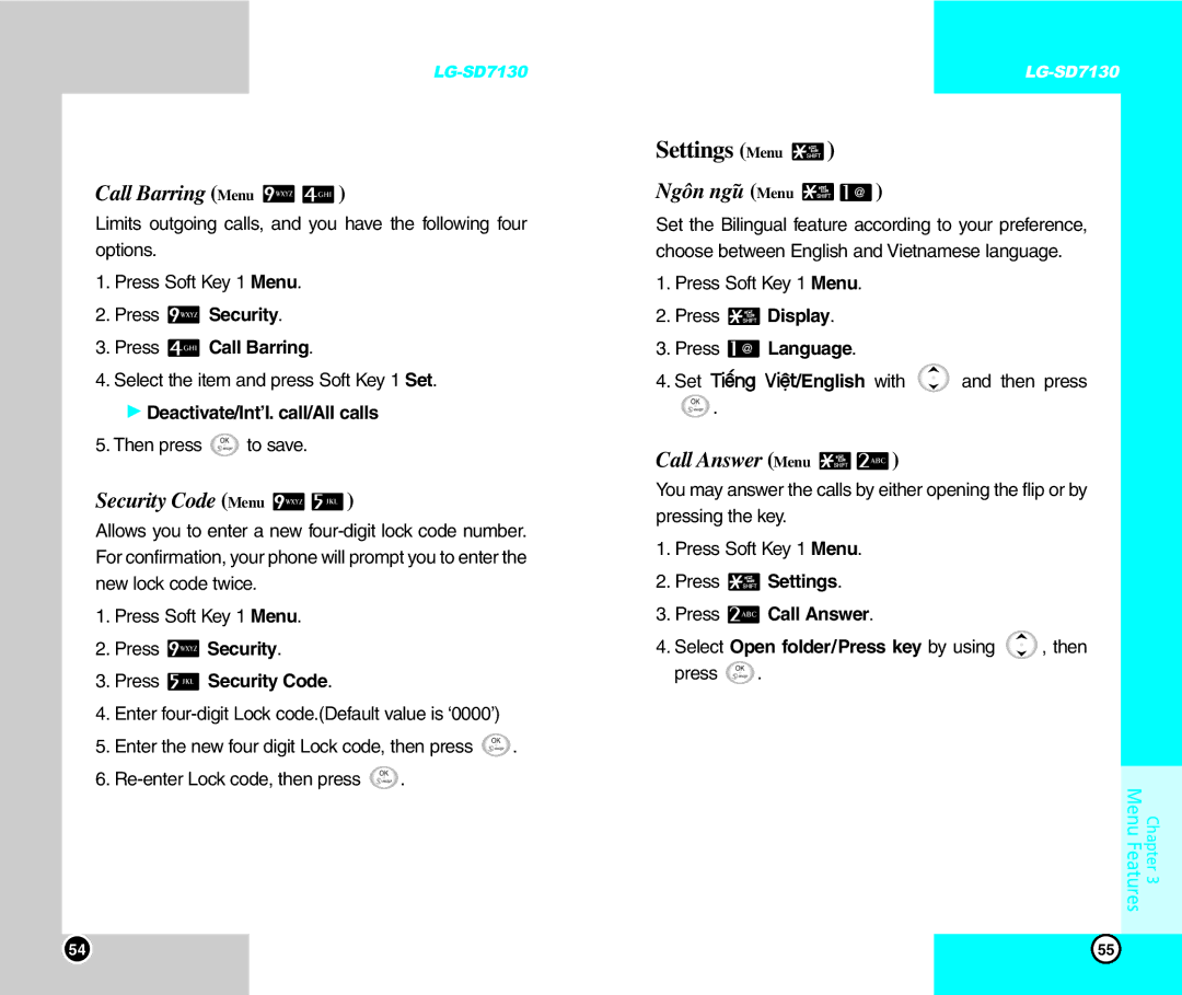 LG Electronics SD7130 user manual Settings Menu, Call Barring Menu, Security Code Menu, Ngôn ng˜u Menu, Call Answer Menu 