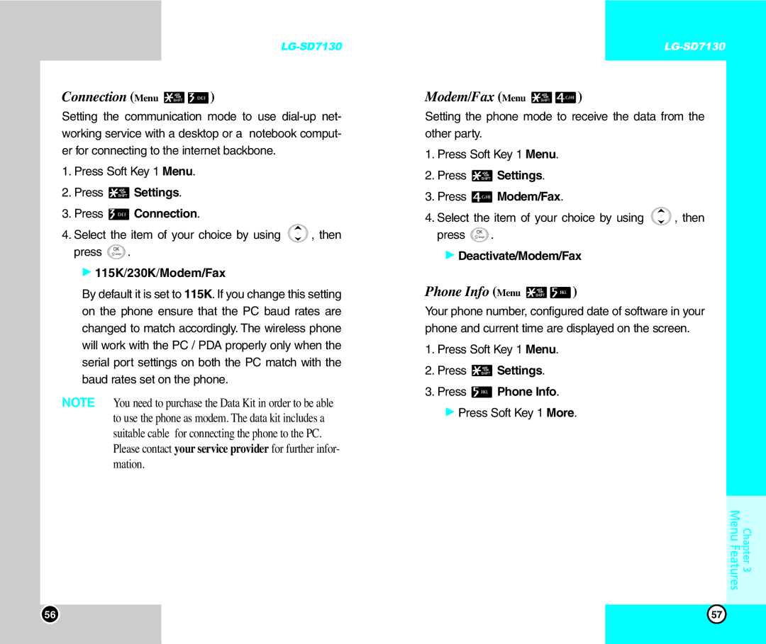 LG Electronics SD7130 user manual Connection Menu, Modem/Fax Menu, Phone Info Menu 