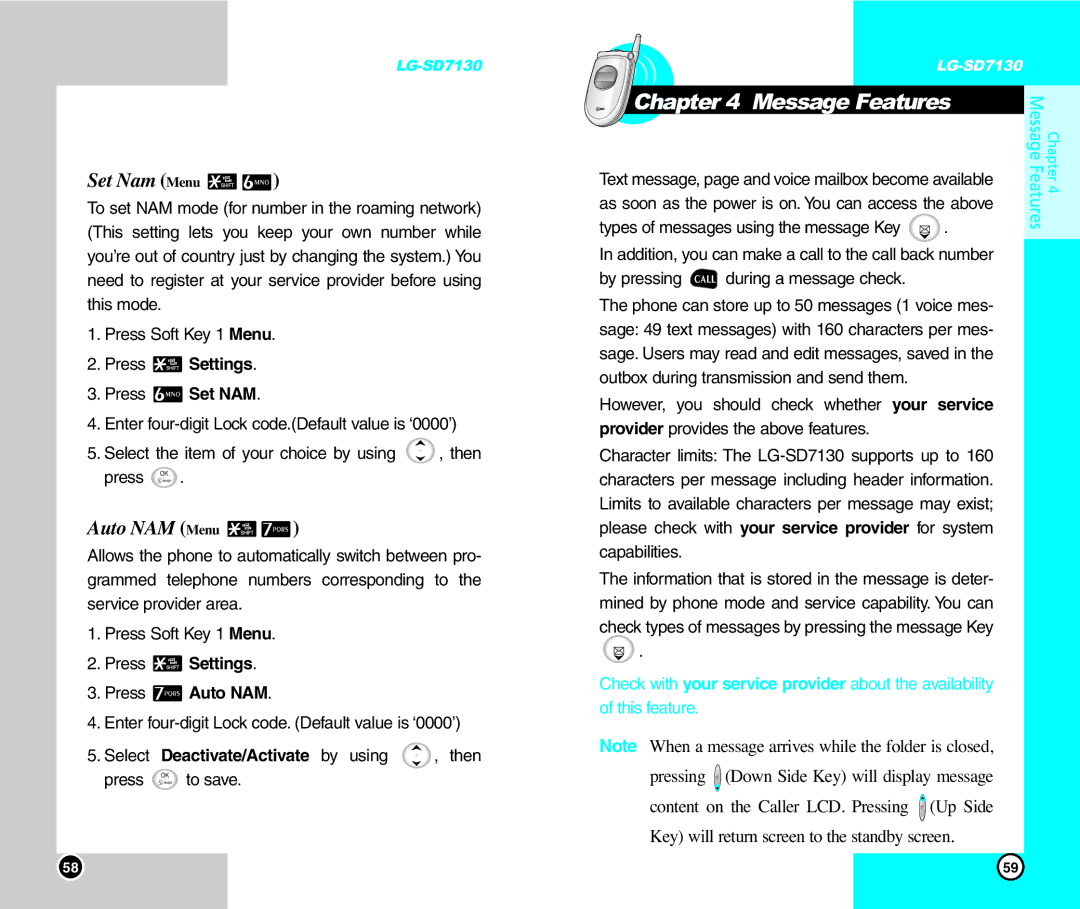 LG Electronics SD7130 user manual Message Features, Set Nam Menu, Auto NAM Menu, Press Settings Press Set NAM 
