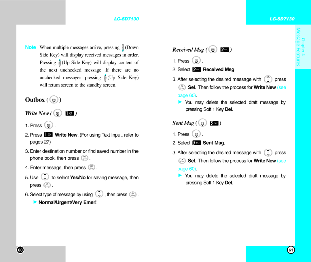 LG Electronics SD7130 user manual Outbox, Write New, Received Msg, Sent Msg 