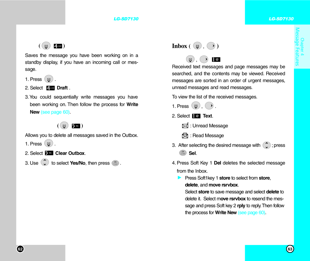 LG Electronics SD7130 user manual Inbox, Draft, Text, Select Clear Outbox 