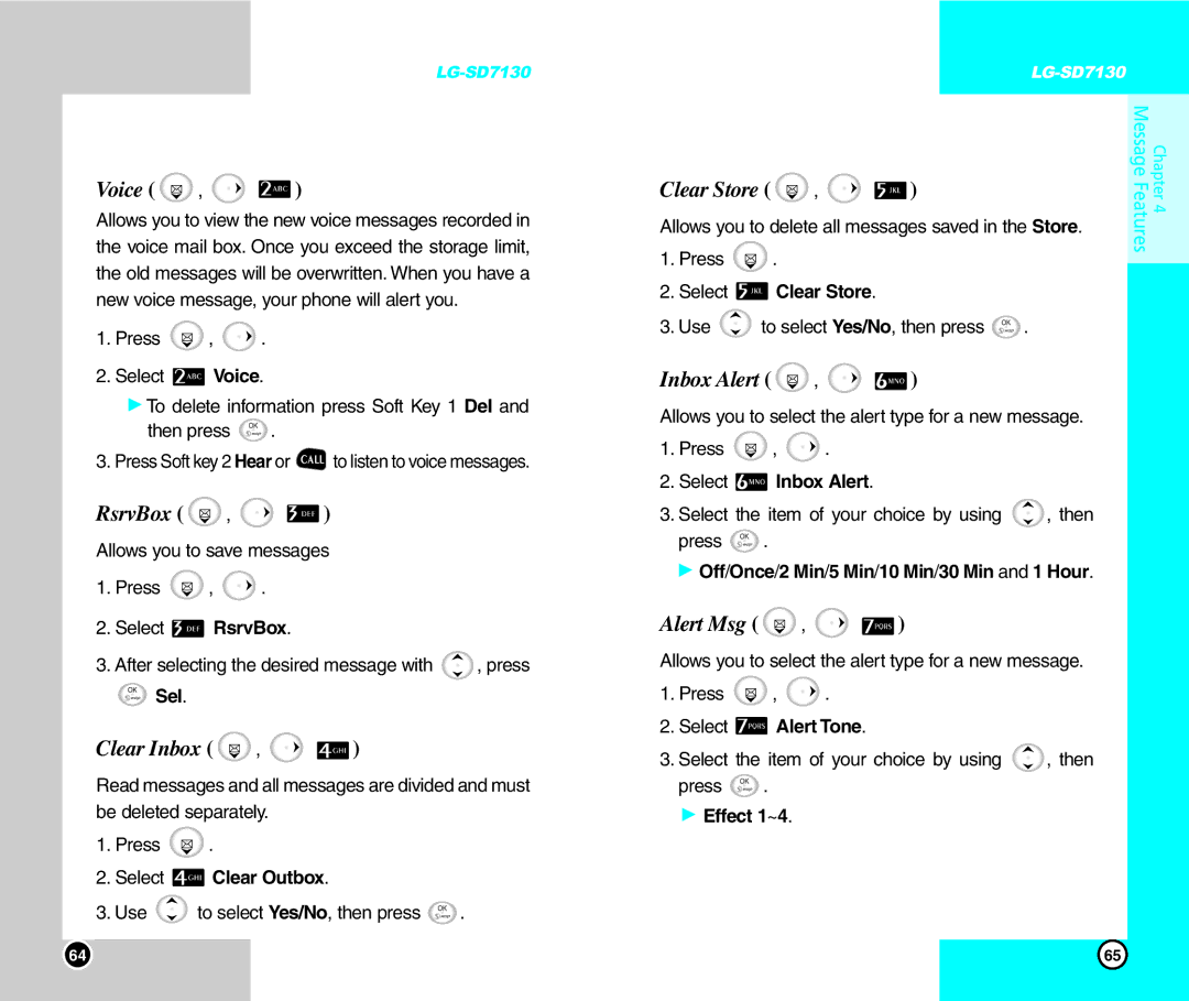 LG Electronics SD7130 user manual Voice, RsrvBox, Clear Inbox, Clear Store, Inbox Alert, Alert Msg 