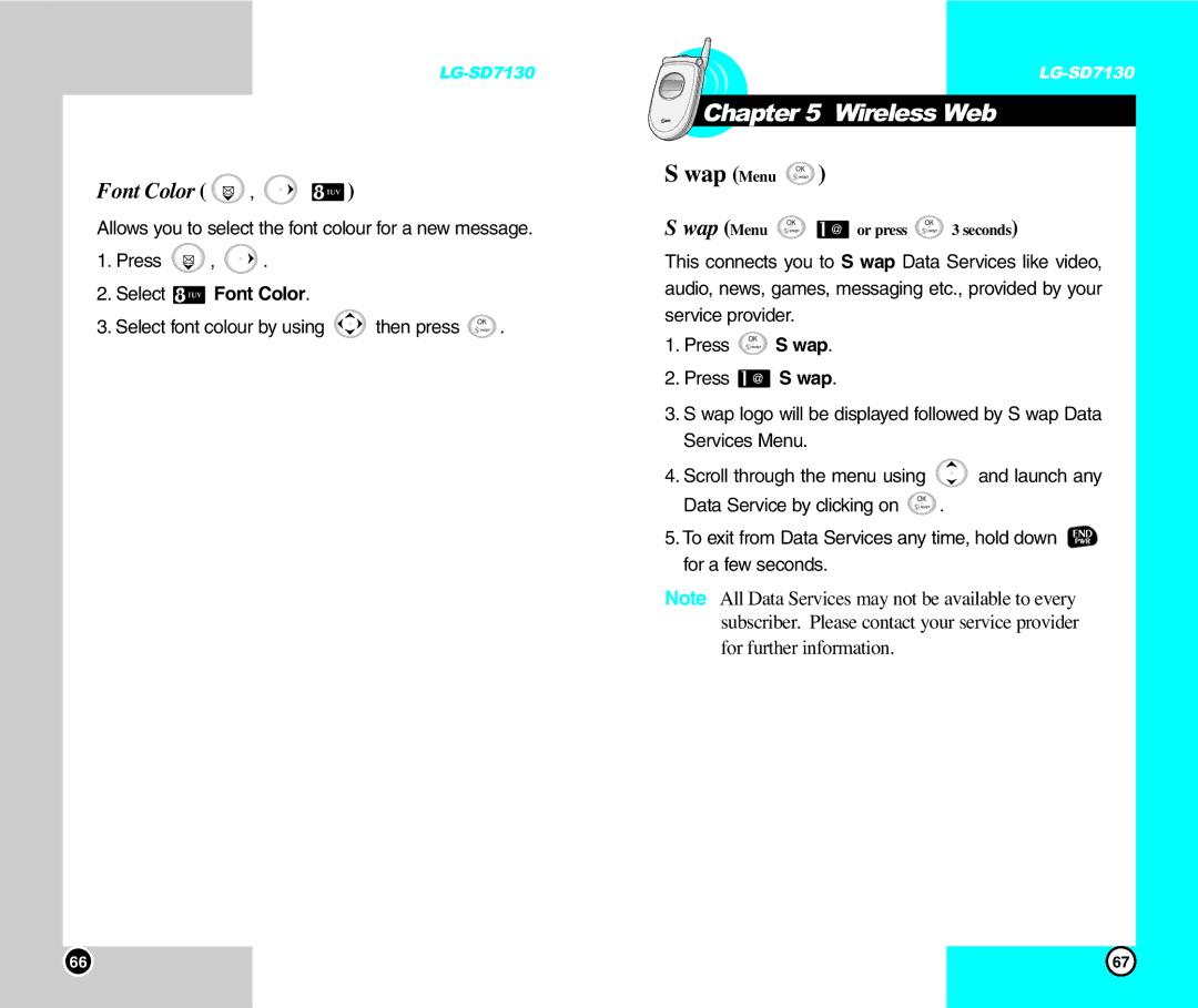 LG Electronics SD7130 user manual Wireless Web, Wap Menu, Select Font Color 