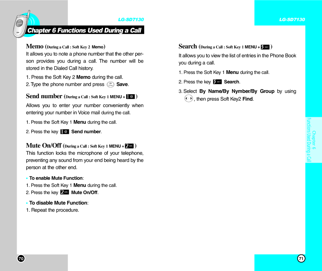 LG Electronics SD7130 user manual Functions Used During a Call, To enable Mute Function, To disable Mute Function 