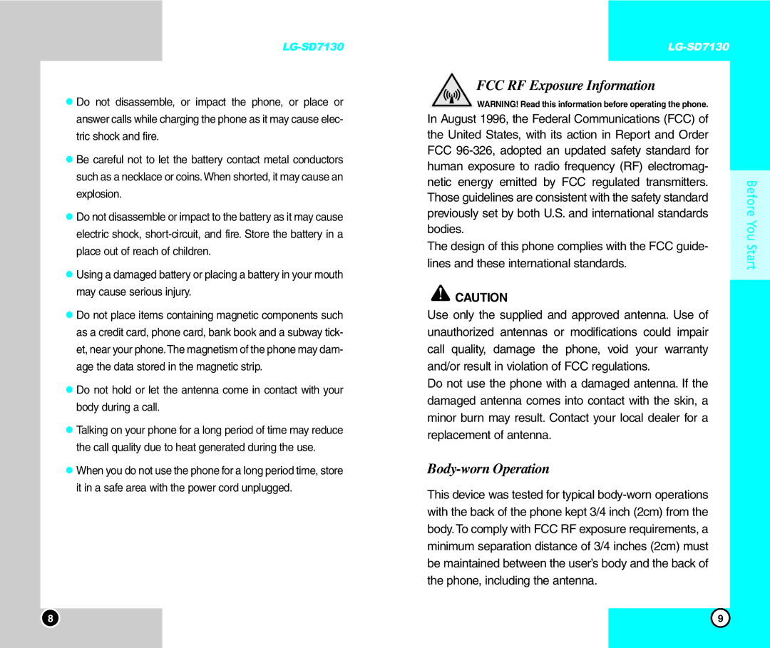 LG Electronics SD7130 user manual FCC RF Exposure Information, Body-worn Operation 