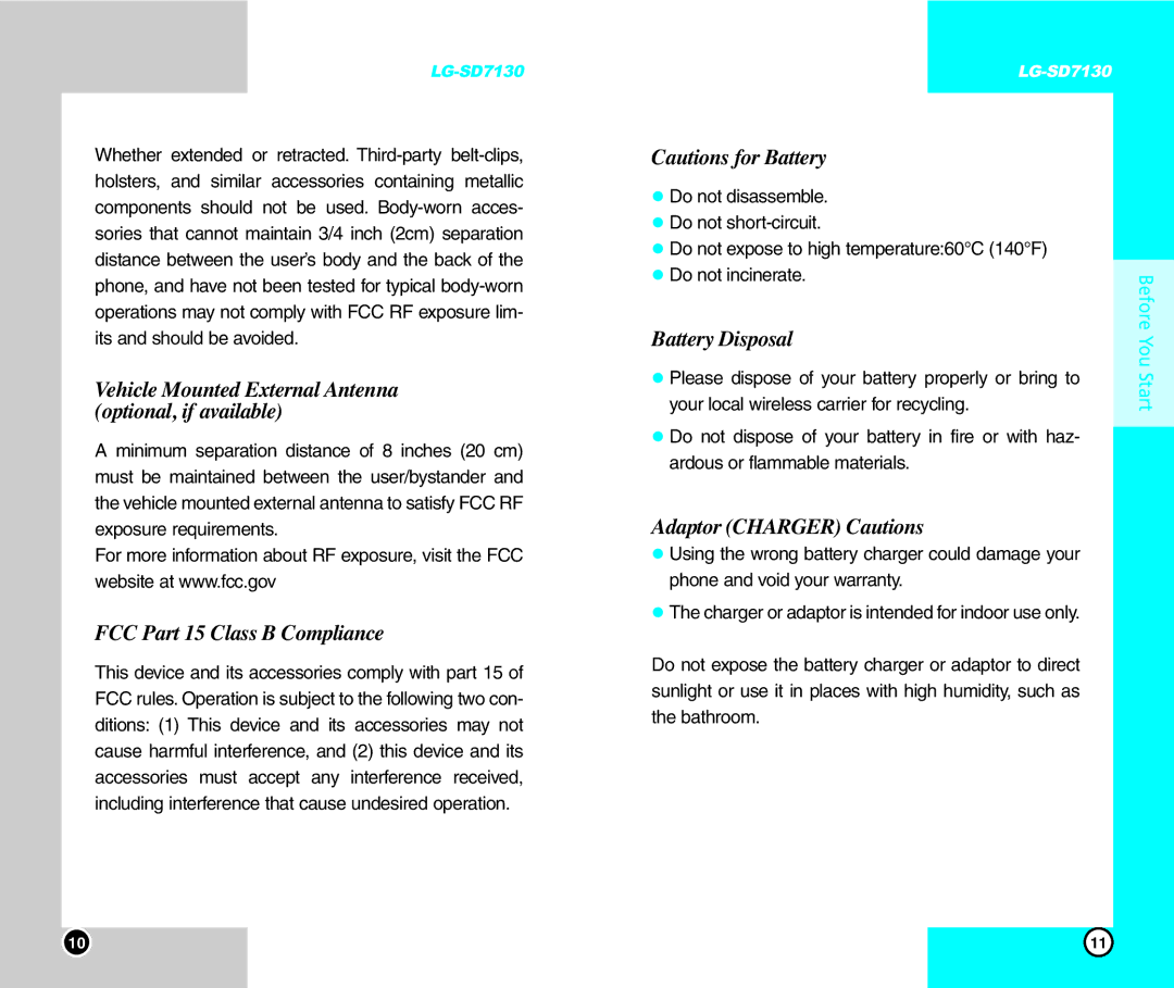 LG Electronics SD7130 user manual Vehicle Mounted External Antenna optional, if available, FCC Part 15 Class B Compliance 