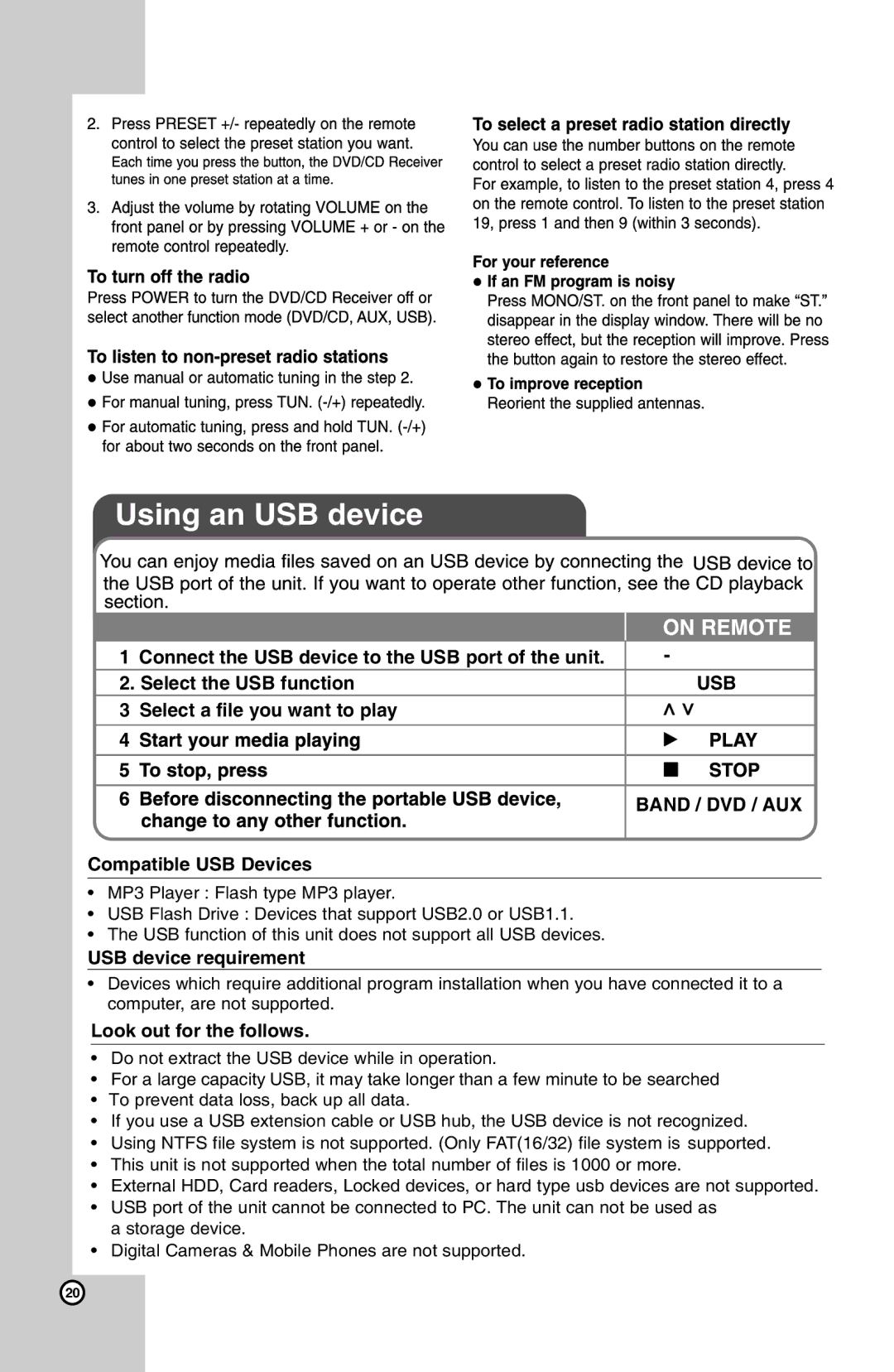 LG Electronics SH32SD-SZ, SH32SD-WZ, HT302SD-A8 owner manual Using an USB device 