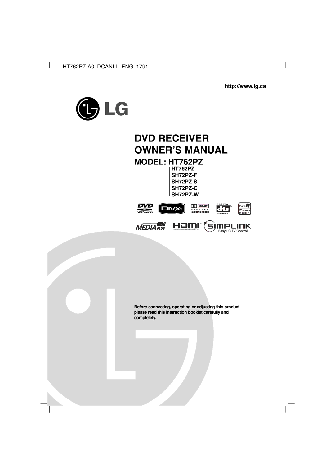 LG Electronics SH72PZ-W, SH72PZ-C, SH72PZ-S, SH72PZ-F, HT762PZ owner manual DVD Receiver 