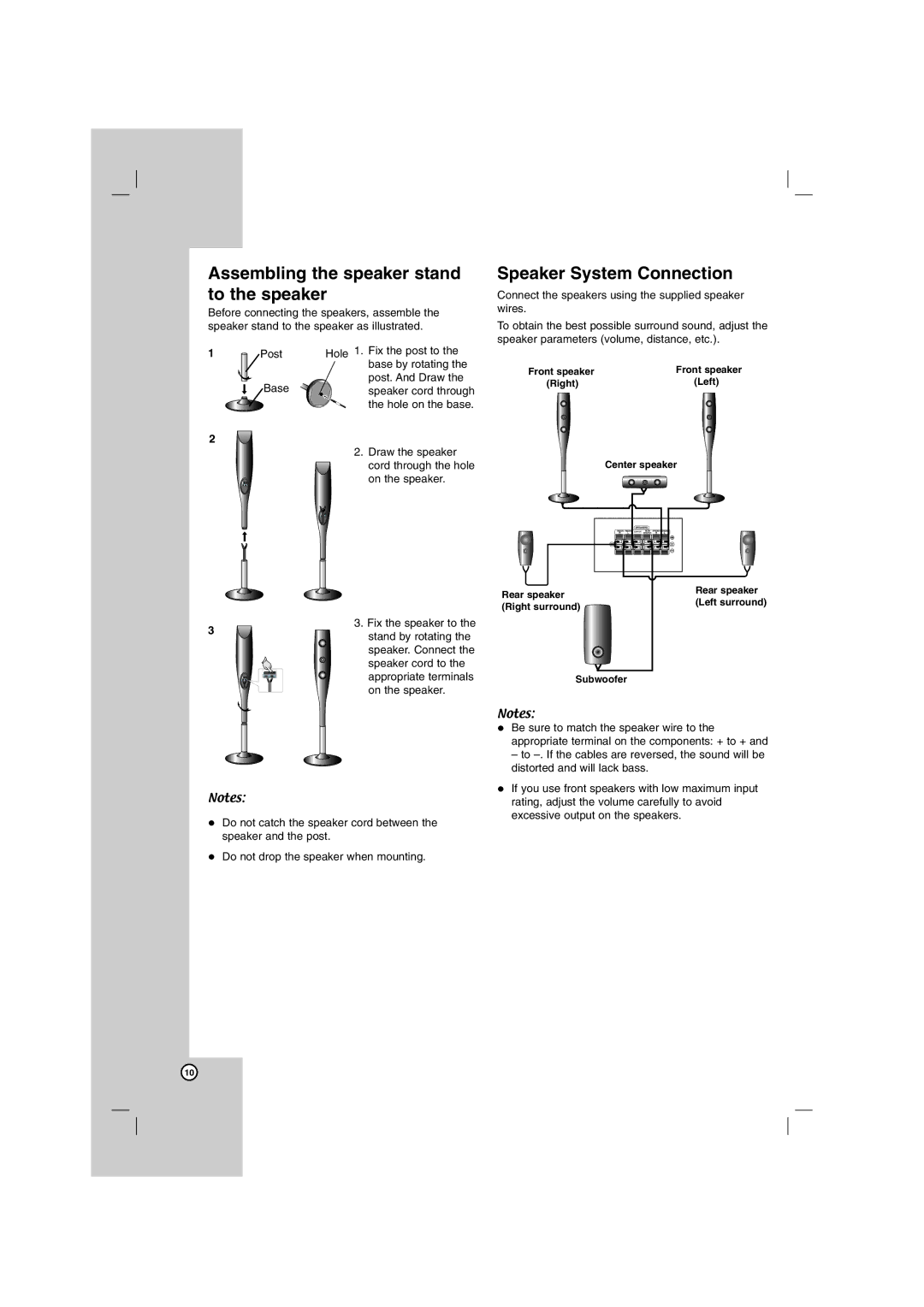 LG Electronics SH72PZ-C, SH72PZ-W, SH72PZ-S, SH72PZ-F Assembling the speaker stand to the speaker, Speaker System Connection 