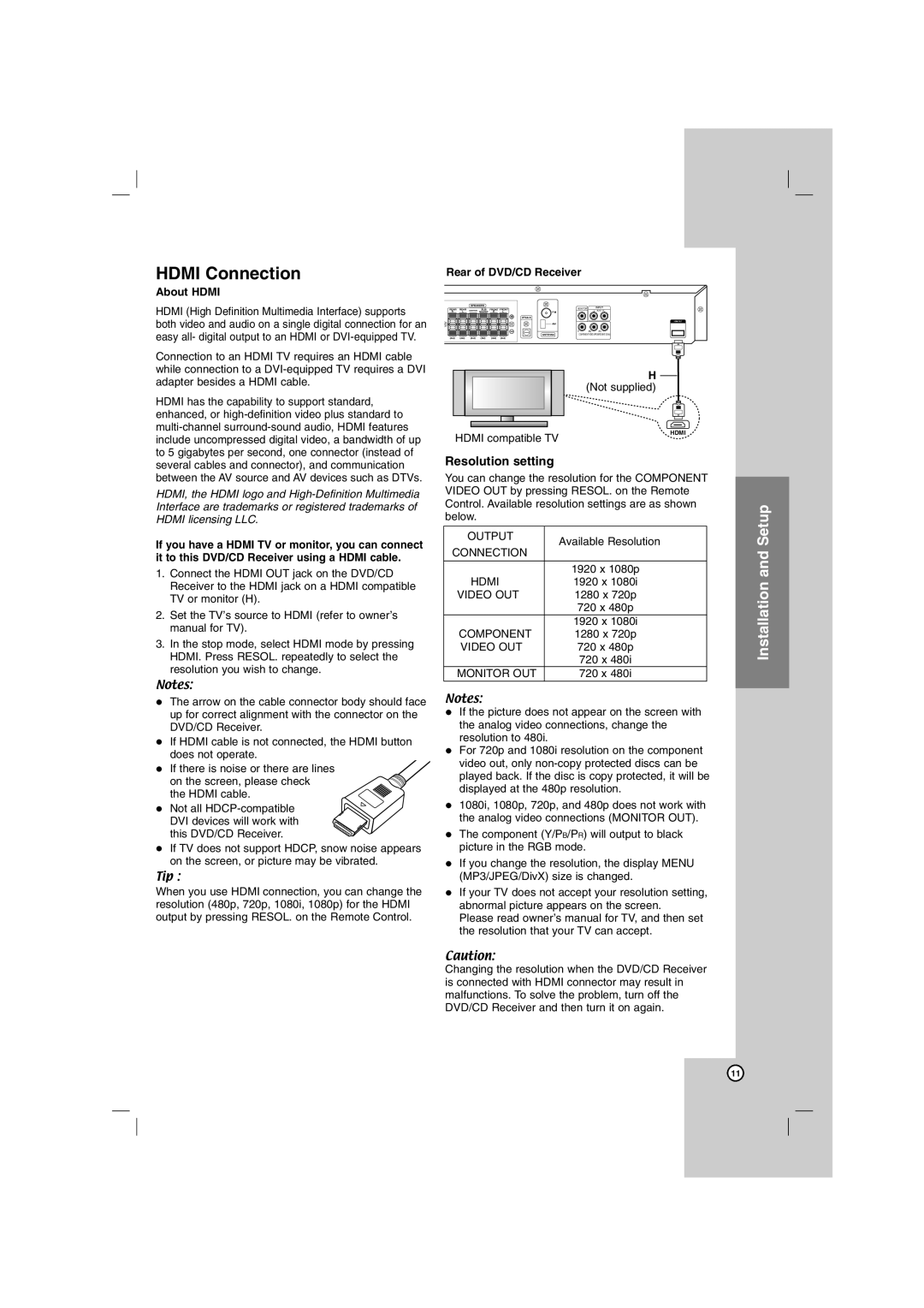 LG Electronics SH72PZ-W, SH72PZ-C, SH72PZ-S, SH72PZ-F, HT762PZ Hdmi Connection, Resolution setting, About Hdmi, Not supplied 