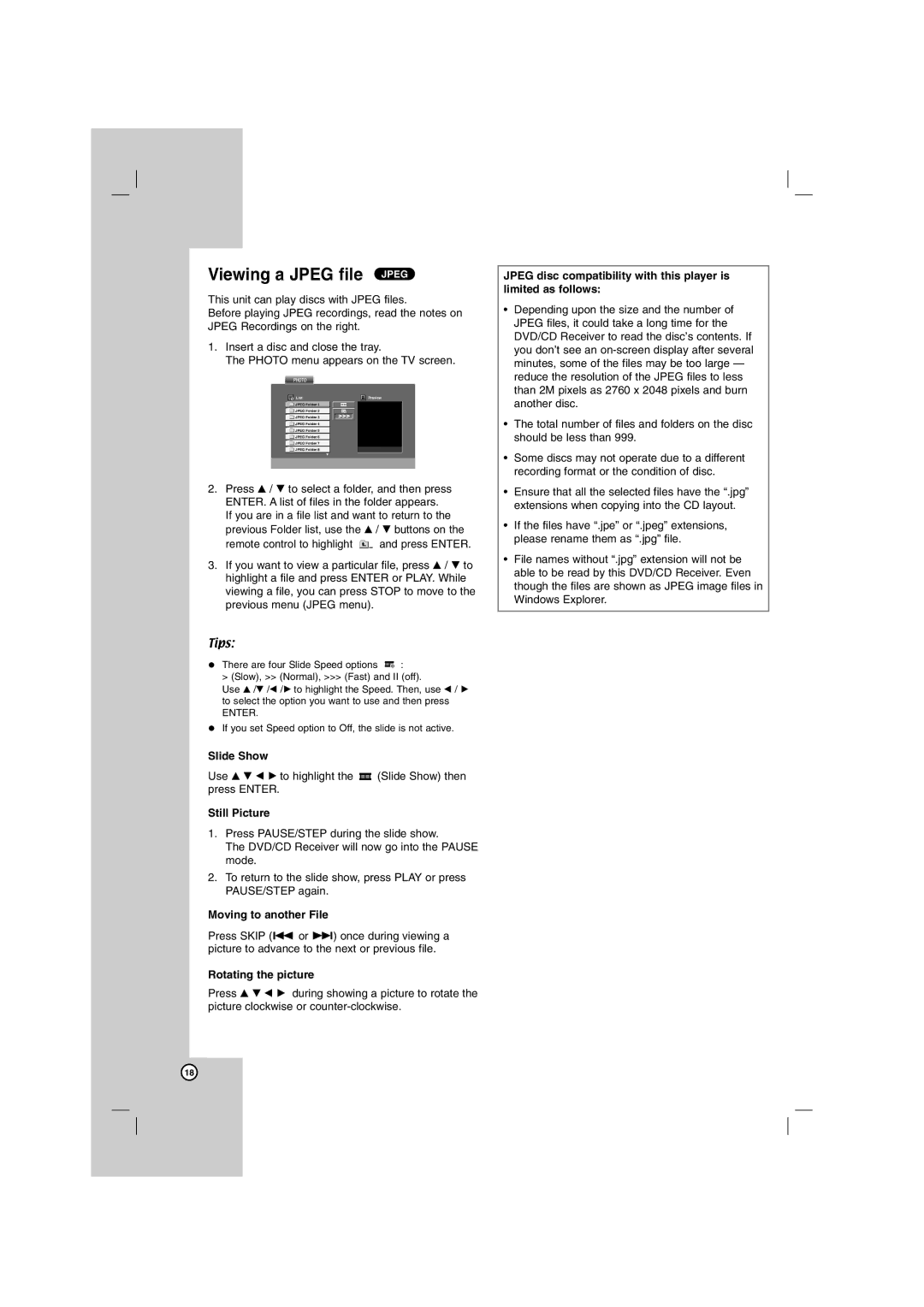 LG Electronics SH72PZ-F Viewing a Jpeg file Jpeg, Slide Show, Still Picture, Moving to another File, Rotating the picture 