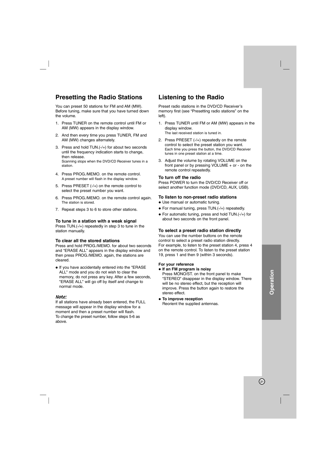 LG Electronics SH72PZ-W, SH72PZ-C, SH72PZ-S, SH72PZ-F, HT762PZ Presetting the Radio Stations, Listening to the Radio 