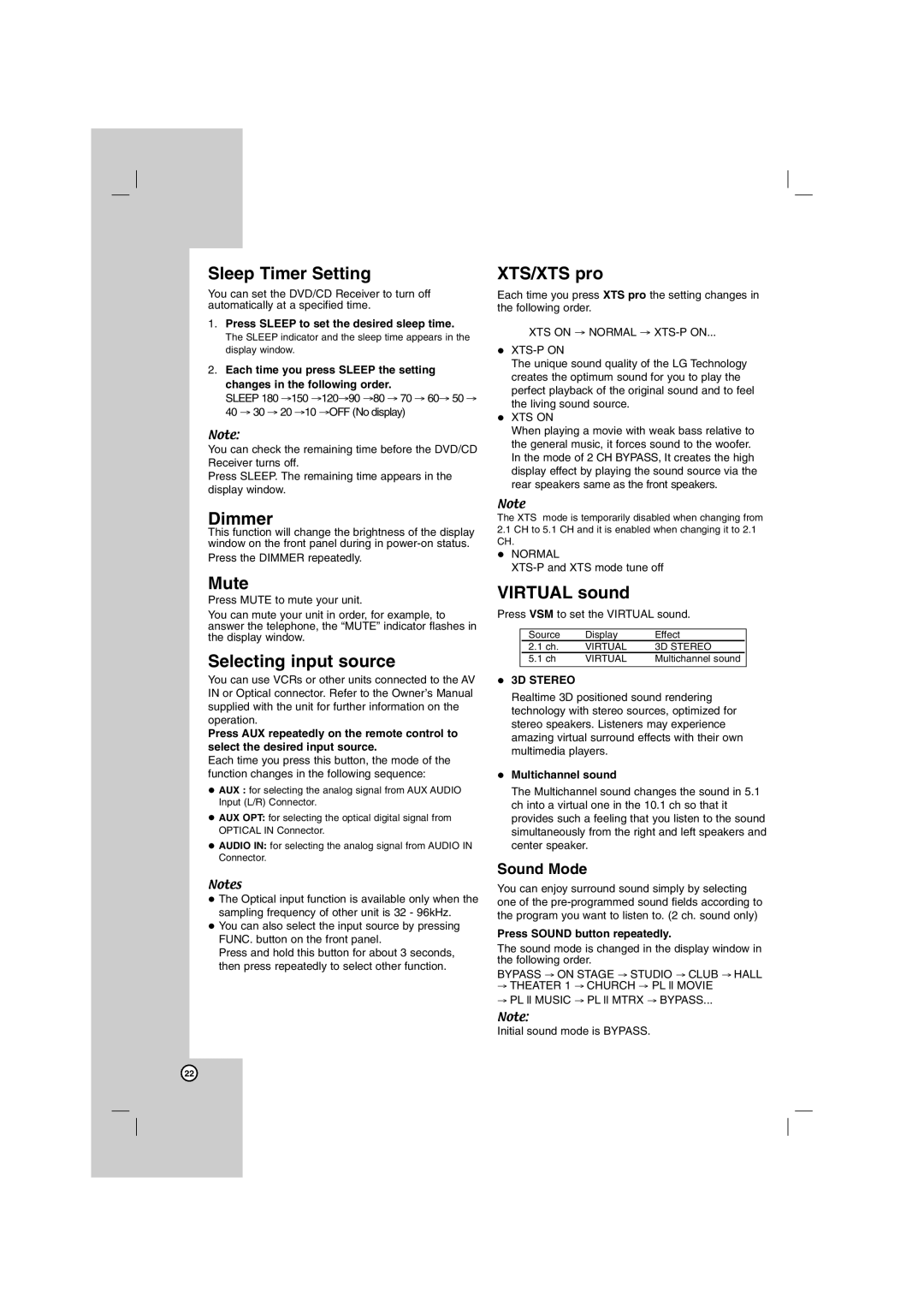 LG Electronics SH72PZ-S, SH72PZ-C Sleep Timer Setting, Dimmer, Mute, Selecting input source, XTS/XTS pro, Virtual sound 