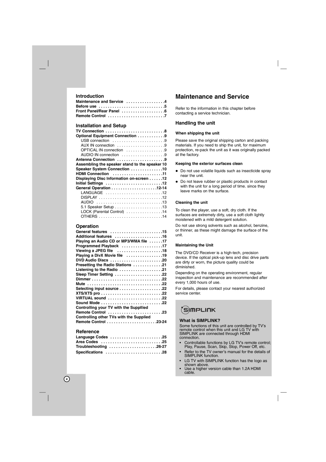 LG Electronics HT762PZ, SH72PZ-C, SH72PZ-W, SH72PZ-S, SH72PZ-F owner manual Maintenance and Service, What is SIMPLINK? 