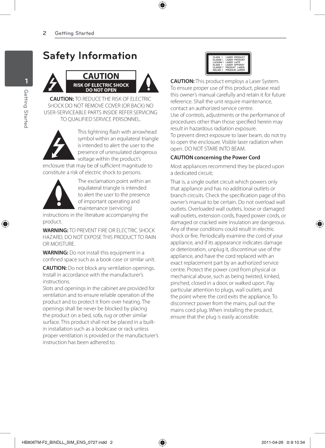 LG Electronics SH85TM-W, SH86TM-S/ C, HB806TM Safety Information, Instructions in the literature accompanying the product 