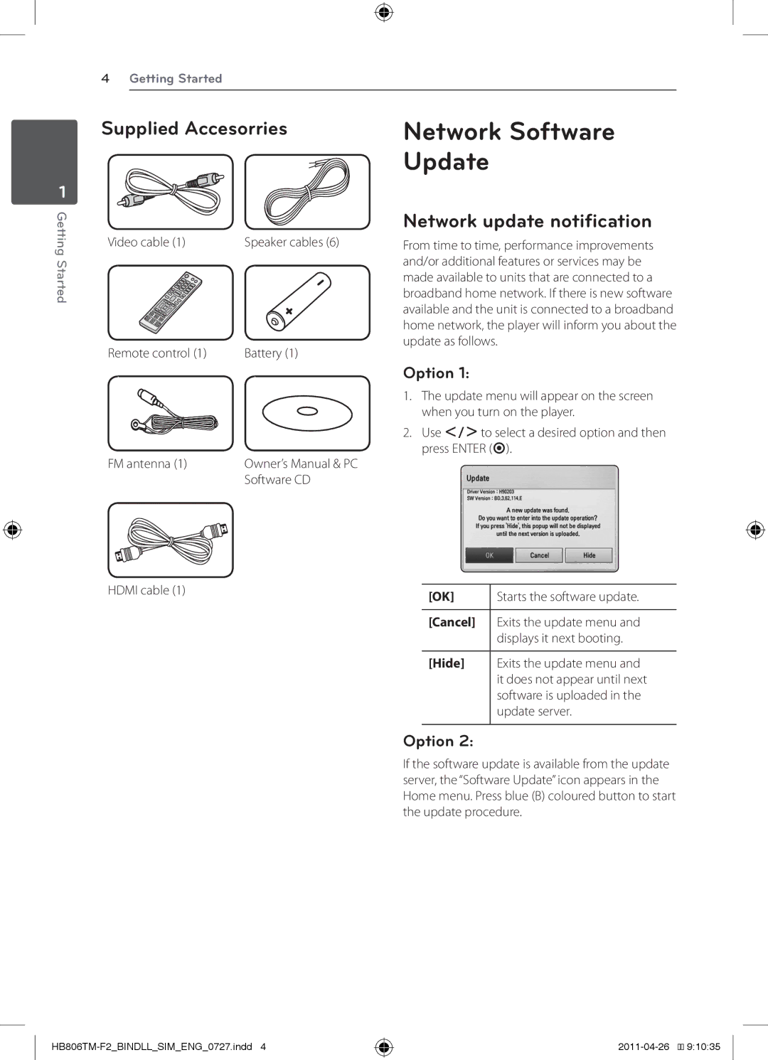 LG Electronics HB806TM, SH86TM-S/ C Network Software Update, Supplied Accesorries, Network update notification, Option 