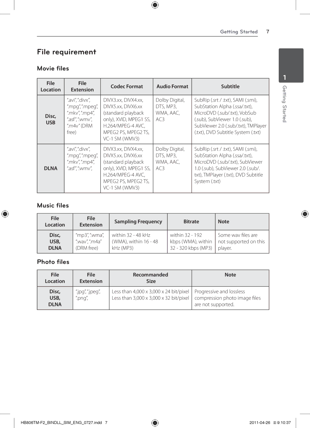 LG Electronics HB806TM, SH86TM-S/ C, SH85TM-W manual File requirement, Movie files, Music files, Photo files 