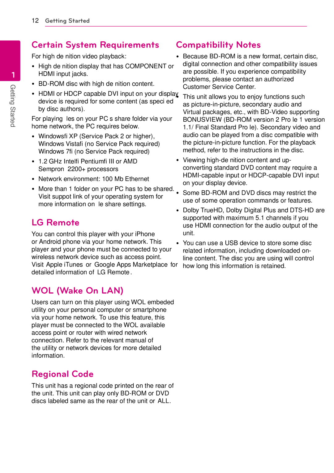 LG Electronics SH96TA-S Certain System Requirements, LG Remote, Compatibility Notes, WOL Wake On LAN, Regional Code 