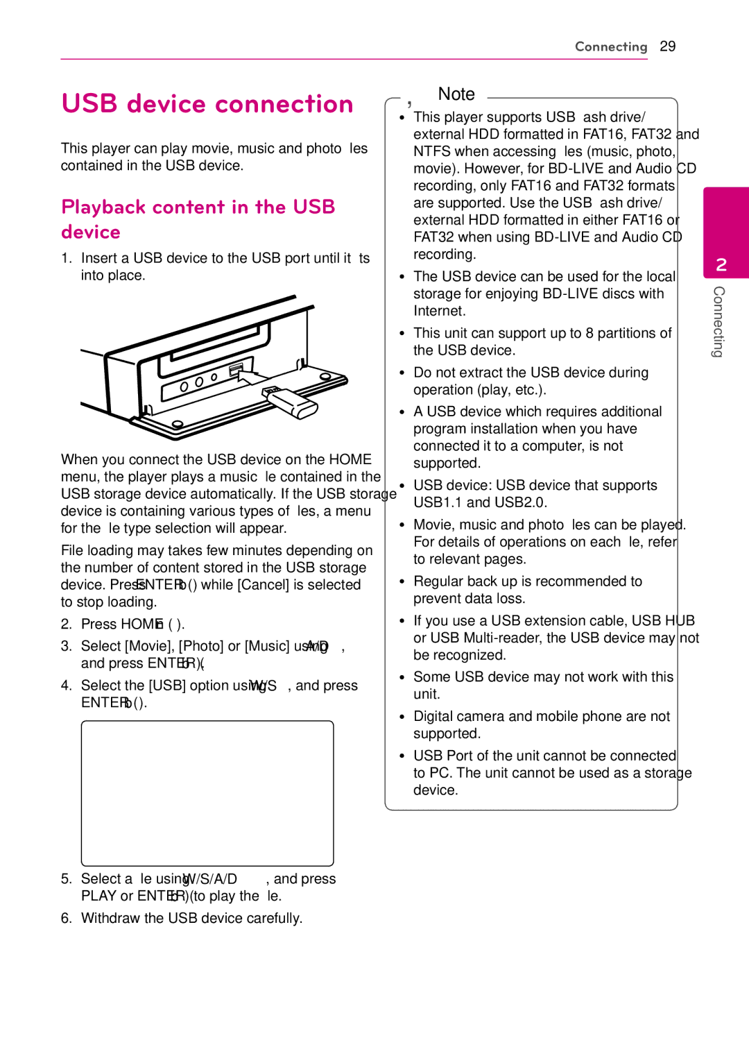 LG Electronics SH96SB-C, SH96TA-S, HB906TA, SH96TA-W owner manual USB device connection, Playback content in the USB device 